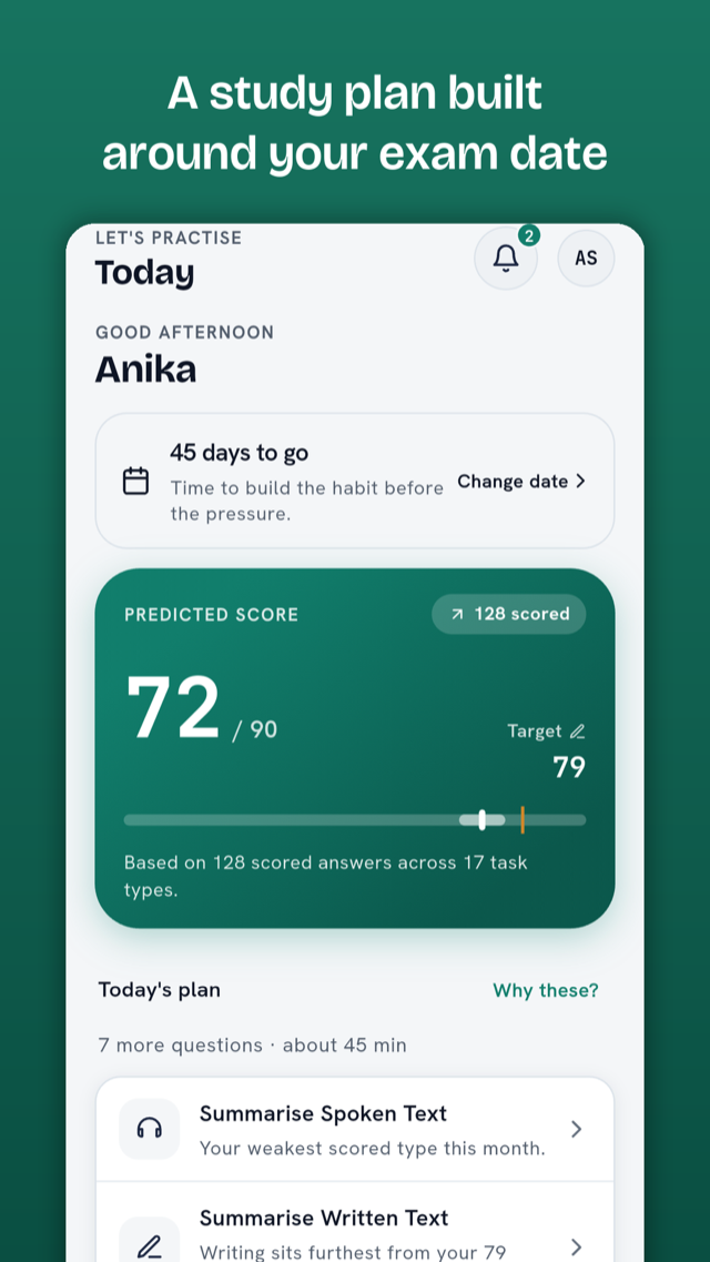 The Today screen: exam countdown, predicted score against your target, and the day's recommended practice.